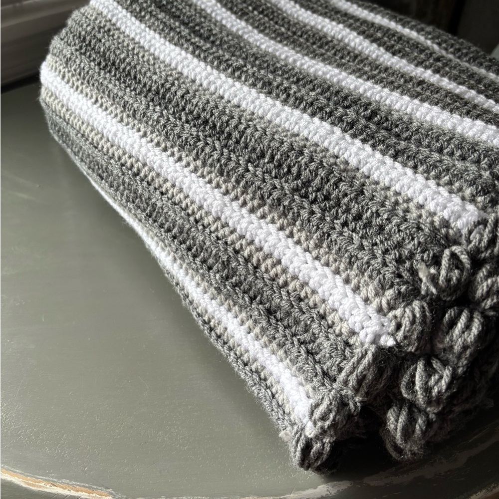 Striped Gray and White Knit Blanket